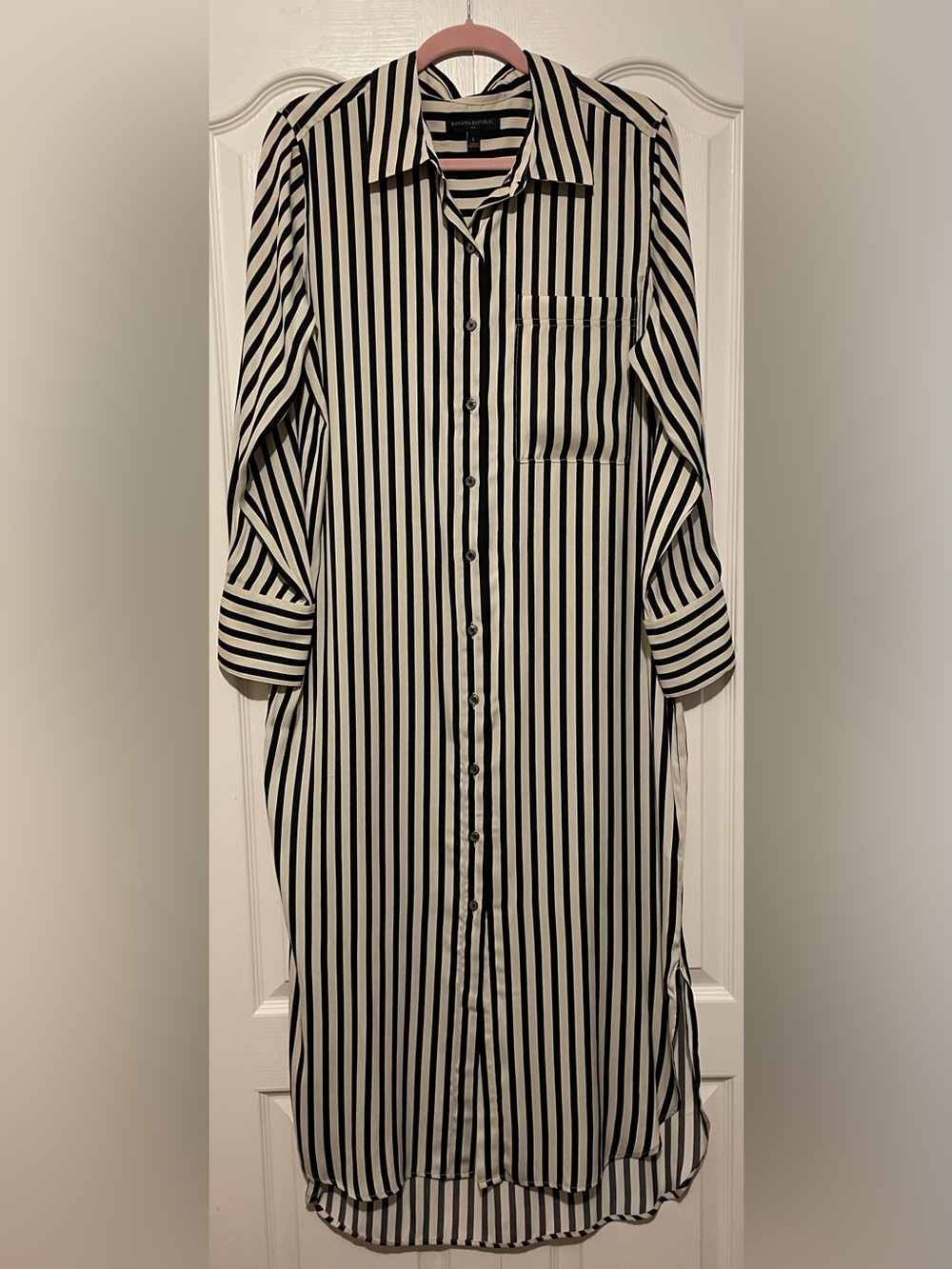 NWOT! Banana Republic Black/Cream Striped Long-Sleeve Button-Front Shirt Dress